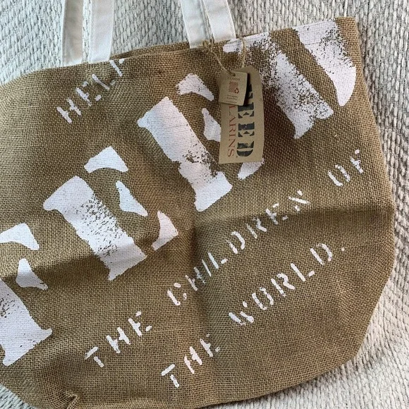 Clarins Burlap Canvas Tote Bag 7 FEED The Children Of The World 15X18X6" Shopper - Picture 12 of 15